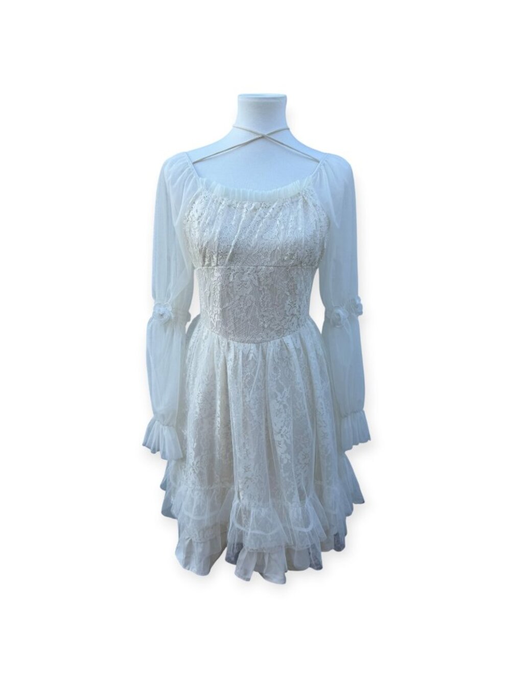 Classic Collection White Lace Mini Fantasy Dress Small Sheer Long Sleeve Ruffle